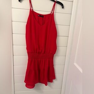 Krisa Red Spagetti strap, Smocked Waist Tiered Mini Dress